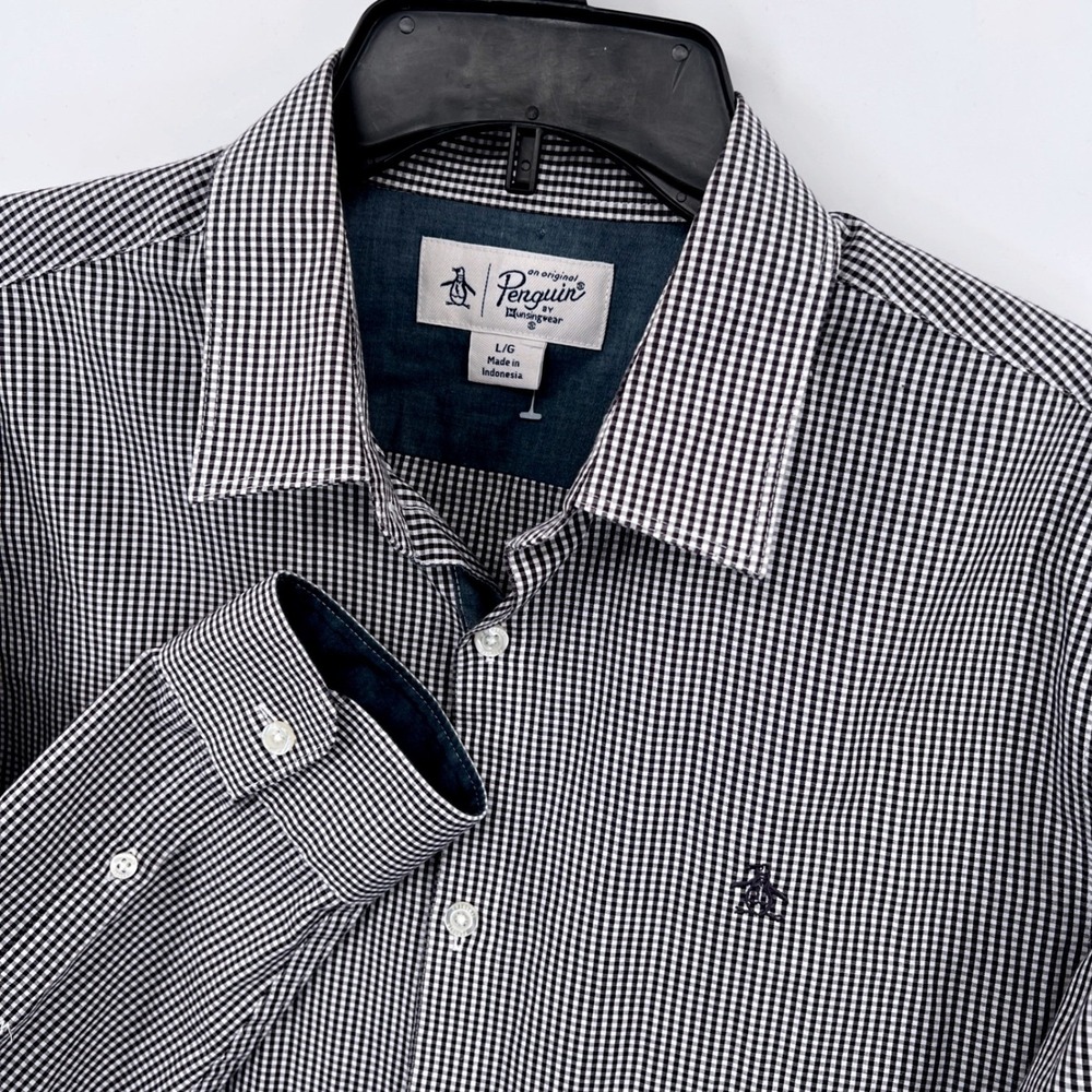 Original Penguin Gingham Button Down Shirt Mens L Navy White‎ Check Dress Shirt